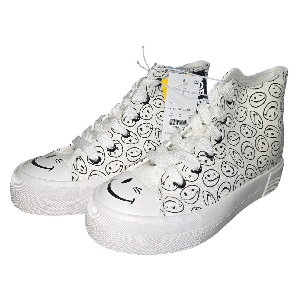 Joe Boxer Kids Smiley Face High Top Sneakers White Black CGF8522AJB Size 3 NEW